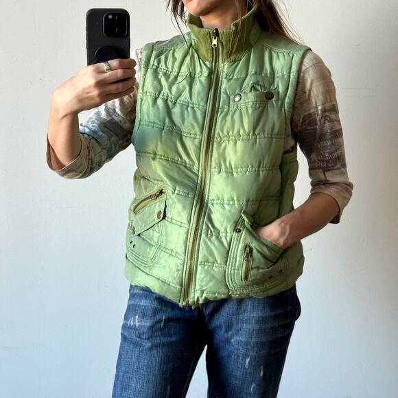 Vintage Y2K 2Bizzy Metallic Green Reversible Utility Zip Puffer Vest - Picture 1 of 13
